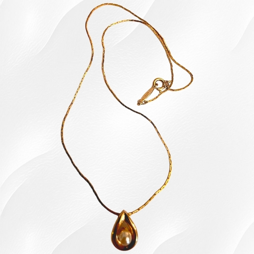 Napier Stamped Gold Necklace with Teardrop Pearl Pendant - Picture 5 of 8